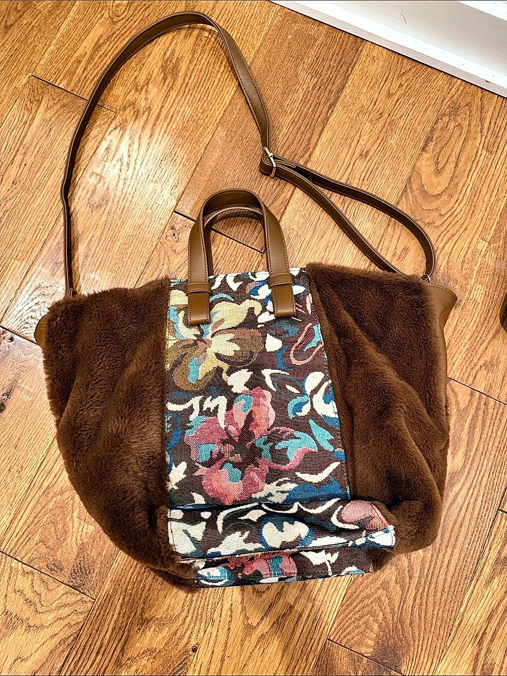 Anthropologie Floral Tapestry & Faux Fur Tote Bag Brown & Blue